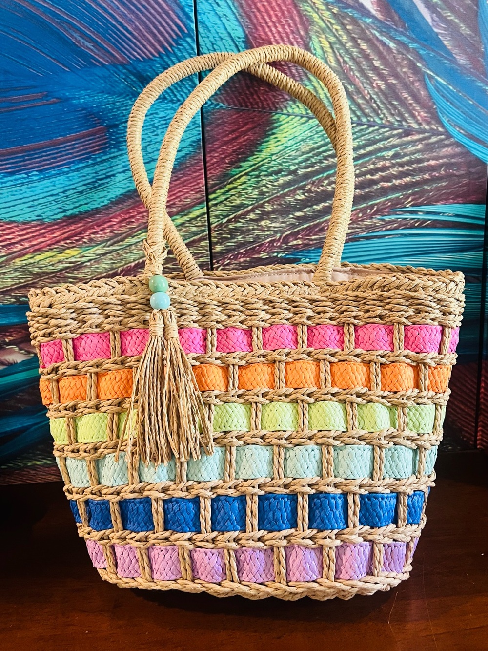 Multicolor Straw Woven Tote Bag Tassel Beach Summer Boho Pastel NWOT